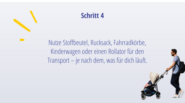 Schritt 3: Besorge die Dinge nach und nach auf deinen Alltagswegen – mit dem Fahrrad oder zu Fuß. Zum Beispiel auf dem Rückweg von der Arbeit oder nach dem Sport. Nutze Stoffbeutel, Rucksack, Fahrradkörbe, Kinderwagen oder einen Rollator für den Transport – je nach dem, was für dich läuft.