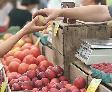 Marktstand, an dem jemand einen Apfel über den Tresen reicht, es sind nur die Hände, der Apfel und der Marktstand zu sehen