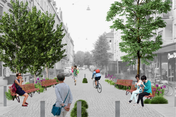 Rendering mit Bäumen und Fußgängern auf Straße