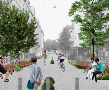 Rendering mit Bäumen und Fußgängern auf Straße