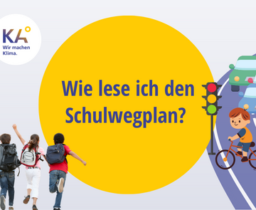 Titelbild "Wie lese ich den Schulwegplan", Foto von Schulkindern, Grafik von Fahrradfahrerinnen, die Straße kreuzen
