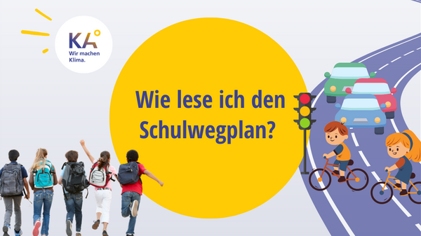 Titelbild "Wie lese ich den Schulwegplan", Foto von Schulkindern, Grafik von Fahrradfahrerinnen, die Straße kreuzen