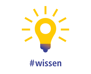 Icon, das eine gelbe, strahlende Glühbirne mit blauer Fassung zeigt, darunter steht #wissen in blauer Schrift