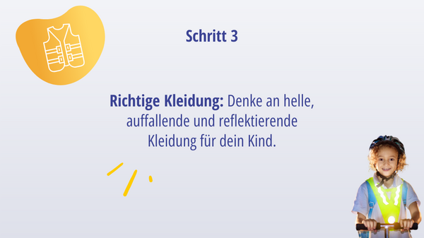 Grafik Sicherheitsweste, Foto von Kind auf Roller mit Reflektor-Weste