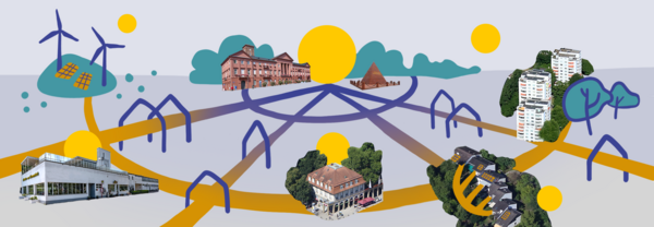 Collage-Grafik fächerförmige Straßen, Energieberg, Häuser mit PV-Anlagen