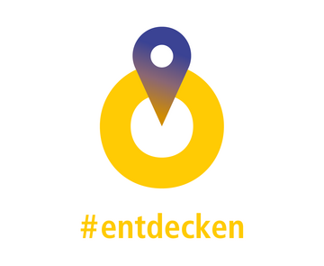 Icon, das einen gelben Kringel mit einer blauen Location-Nadel zeigt, darunter steht #entdecken in gelber Schrift