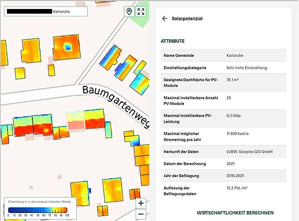 Solarpotenzial aus dem Energieatlas BW - Die Farbe, in der die Dächer eingefärbt sind, gibt Auskunft über das jeweilige Solarpotenzial