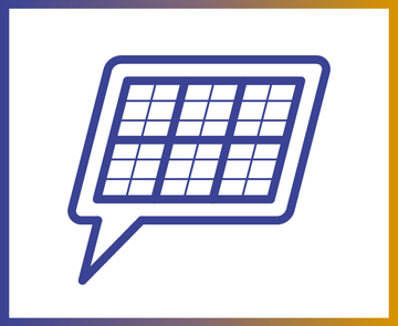 Icon in Marken-Farben, das Solarpaneele in Sprechblase zeigt