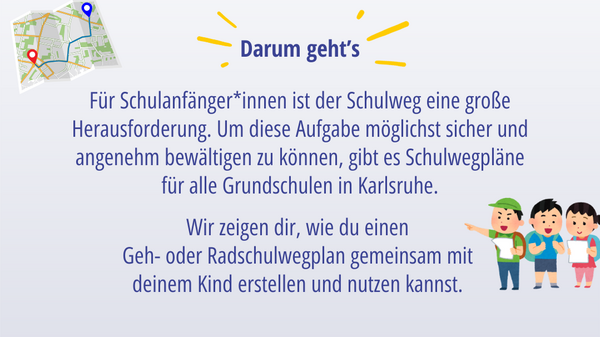 Grafik von Stadtplan mit Route, Grafik von drei Kindern mit Plänen in der Hand