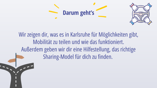 Titel Darum geht's, Möglichkeiten des Sharing, Grafik von Straße, Grafik von mehreren Händen, die ein Lenkrad umfassen