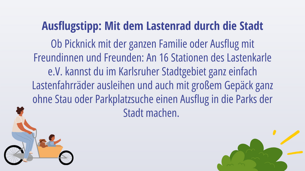 Ausflugstipp Lastenrad mit Grafik von Lastenrad und Gebüsch