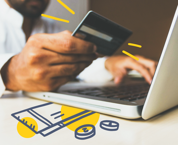 Tatenbank wirtschaften - Hände mit Kreditkarte in der Hand und ein PC, Illustrationen in blau und gelb darin (Geldscheine, gelbe Sphären)