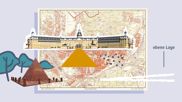 Landkarte Karlsruhe mit Foto des Schlosses und der Karlsruher Pyramide