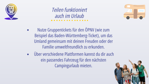 Titel Teilen funktioniert auch im Urlaub, Foto von Gruppe mit Karte und Fotoapparat, Grafik von Wohnmobil