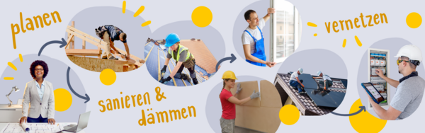 Übersichtsgrafik mit Fotos von Berufsbildern mit Schriftzug: planen, sanieren&dämmen, vernetzen
