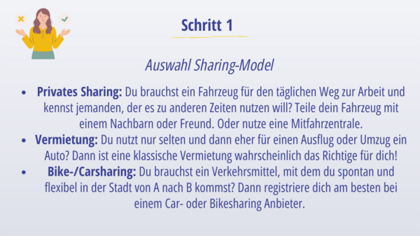 Titel Auswahl Sharing Modell, Grafik von Frau mit Häkchen und Kreuz