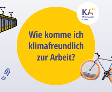Titelfolie: Wie komme ich klimafreundlich zur Arbeit? - gelbe Sphäre mit Schriftzug und verschiedenen Symbolen (Fahrrad, S-Bahn, Füße)