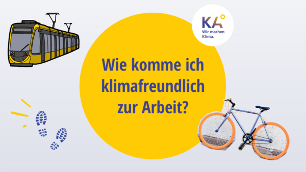 Titelfolie: Wie komme ich klimafreundlich zur Arbeit? - gelbe Sphäre mit Schriftzug und verschiedenen Symbolen (Fahrrad, S-Bahn, Füße)
