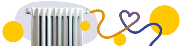 Grafik Heizkörper, aus dem orangefarbener Linie in Herzform läuft 