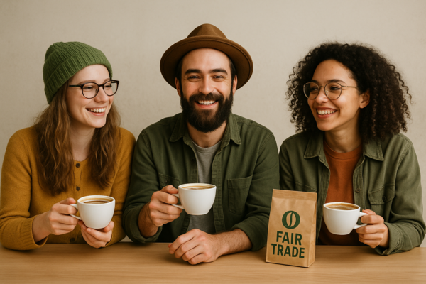 Drei Personen trinken Kaffee, Kaffepackung mit Aufschrift "Fair Trade" steht auf dem Tisch 