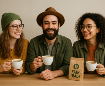 Drei Personen trinken Kaffee, Kaffepackung mit Aufschrift "Fair Trade" steht auf dem Tisch 