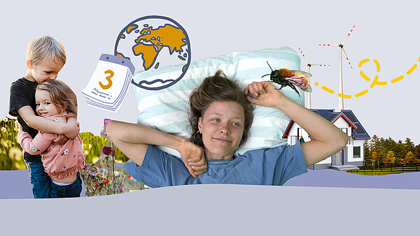 Collage mit Bild von Kindern, die sich umarmen, Globusgrafik, Frau wacht auf Kissen auf, Windrad in Landschaft