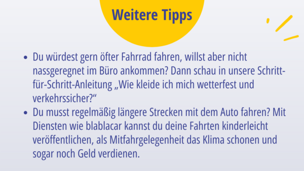 Weitere Tipps für den Arbeitsweg, Bekleidung beim Fahrradfahren, Mitfahrgelegenheit