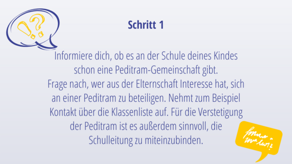 Schritt 1: Informiere dich, ob es an der Schule deines Kindes schon eine Peditram-Gemeinschaft gibt.  Frage nach, wer aus der Elternschaft Interesse hat, sich an einer Peditram zu beteiligen. Nehmt zum Beispiel Kontakt über die Klassenliste auf. Für die Verstetigung der Peditram ist es außerdem sinnvoll, die Schulleitung zu miteinzubinden.