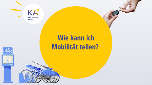 Titel Wie kann ich Mobilität teilen, Grafik einer Fahrradleihstation, Foto von Händen, die einen Autoschlüssel übergeben