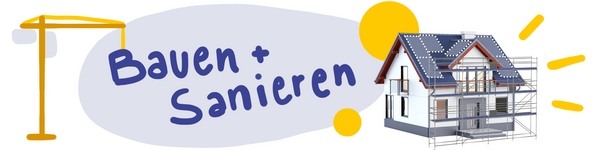 Kran, Haus mit Gerüst, Text Bauen und Sanieren