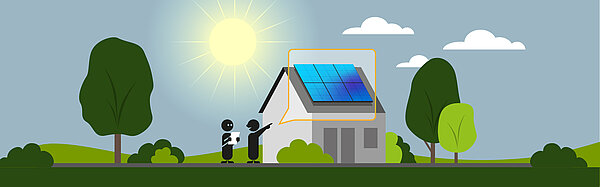 Grafik mit zwei Personen vor Haus mit PV-Anlage
