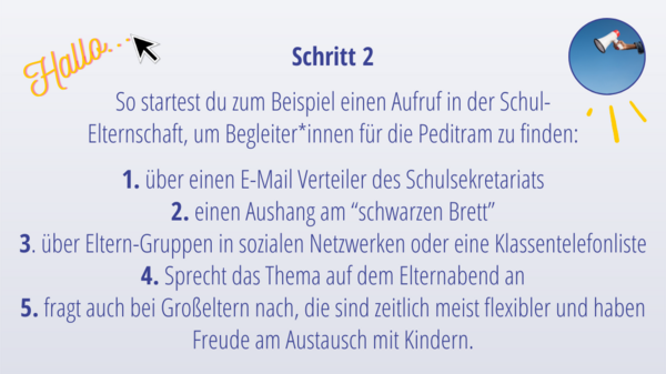 Schritt 2: So startest du zum Beispiel einen Aufruf in der Schul-Elternschaft, um Begleiter*innen für die Peditram zu finden: 1. über einen E-Mail Verteiler des Schulsekretariats 2. einen Aushang am “schwarzen Brett” 3. über Eltern-Gruppen in sozialen Netzwerken oder eine Klassentelefonliste 4. Sprecht das Thema auf dem Elternabend an 5. fragt auch bei Großeltern nach, die sind zeitlich meist flexibler und haben Freude am Austausch mit Kindern.