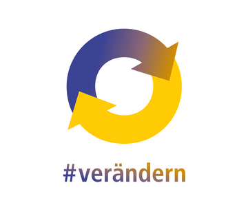 Icon, das einen Kreis in blau und Gelb mit Pfeilen zeigt, darunter steht #verändern in gelb-blauem Farbverlauf