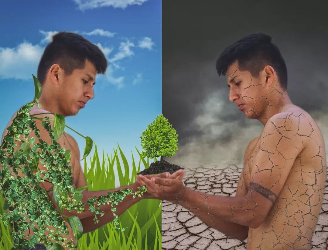 Collage mit zwei Männern (der gleiche Mann gespiegelt), die in der Mitte einen Baum halten, links ist der Hintergrund und der Oberkörper des Mannes grün bewachsen, rechts ist eine Wüste dargestellt im Hintergrund und auf dem Oberkörper des Mannes