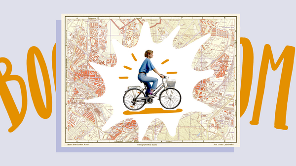 Frau auf Fahrrad mit Karte im Hintergrund und Schriftzug "BOOM"