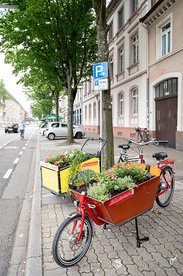 Zwei Lastenräder mit Blumenbefüllung