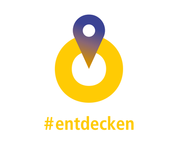 Icon, das einen gelben Kringel mit einer blauen Location-Nadel zeigt, darunter steht #entdecken in gelber Schrift