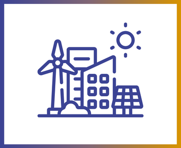 Teaser-Icon für Städtischer Solarstrom, stilisierte Stadt mit Windrad und Gebäuden und Solaranlage und Sonnenschein