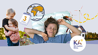 Screenshot aus 2.Erklärfilm: Frau auf einem Kissen liegend, zwei Kinder, Biene, Windrad, Haus, gezeichnete Weltkugel und KA°-Logo im collagen-artigen Wimmelbild-Stil