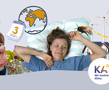Screenshot aus 2.Erklärfilm: Frau auf einem Kissen liegend, zwei Kinder, Biene, Windrad, Haus, gezeichnete Weltkugel und KA°-Logo im collagen-artigen Wimmelbild-Stil