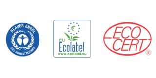 Die drei Siegel für umweltschonende Putzmittel: Blauer Engel, EU EcoLabel, ECOCERT