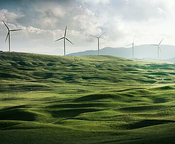 Grüne Landschaft mit Windrädern