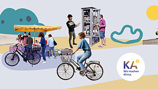 Screenshot aus 2.Erklärfilm: Frau auf einem Fahrrad fahrend, Bücherschrank und Wochenmarkt im Hintergrund etc. und KA°-Logo im Collagen-artigen Wimmelbild-Stil