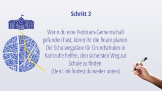 Schritt 3: Wenn du eine Peditram-Gemeinschaft gefunden hast, könnt ihr die Route planen. Die Schulwegpläne für Grundschulen in Karlsruhe helfen, den sichersten Weg zur Schule zu finden. (Den Link findest du weiter unten)