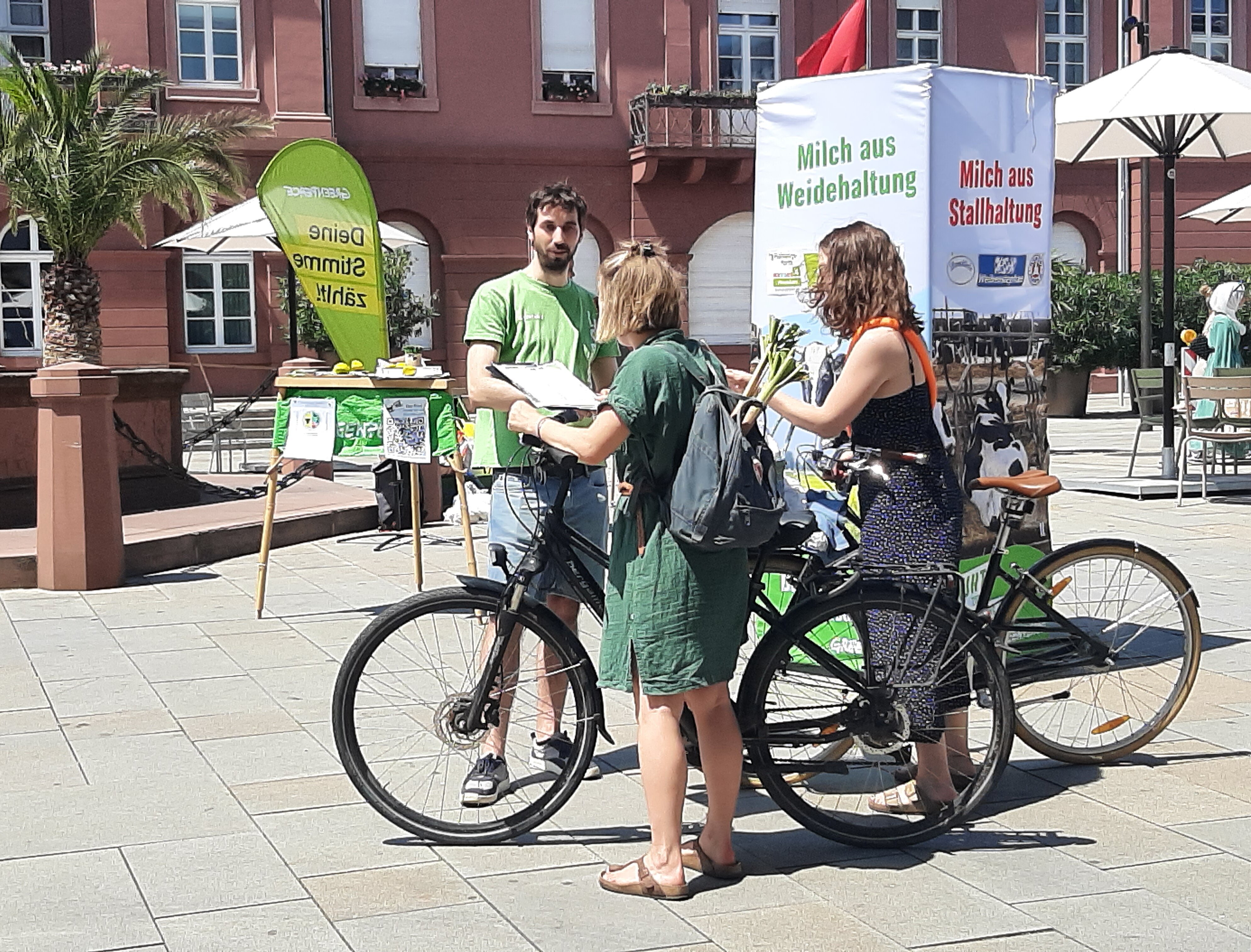 Personen im Gespräch mit Greenpeace Karlsruhe Teammitgliedern