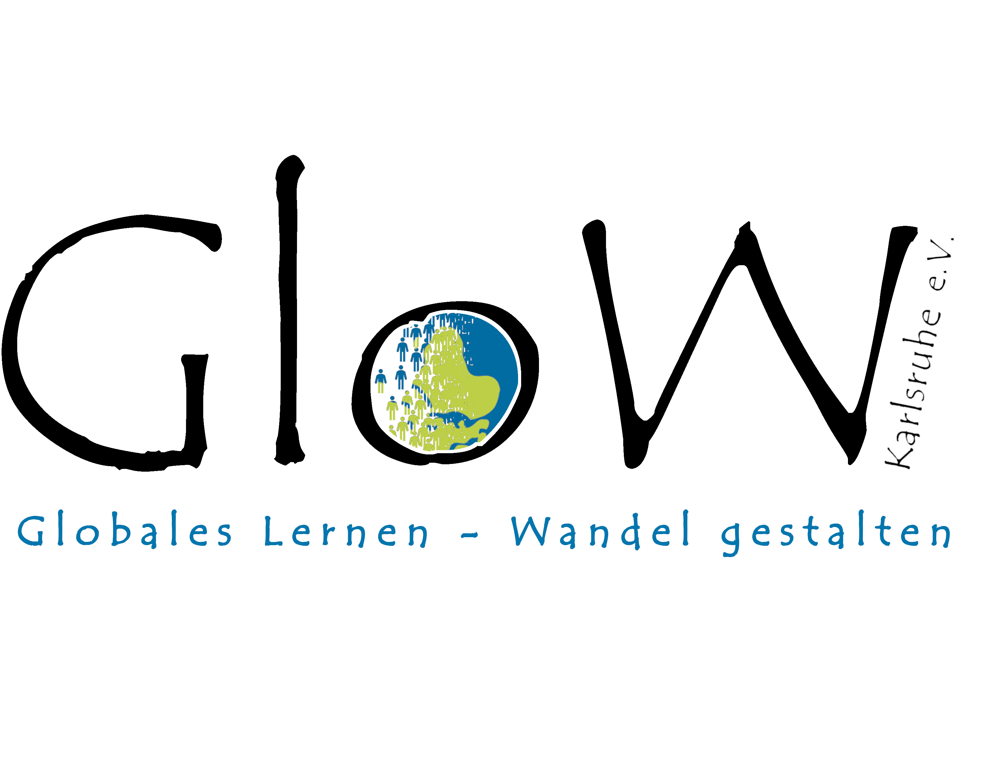 Logo des GloW Karlsruhe e.V.: Der Schriftzug GloW steht in großen Buchstaben darauf; das o ist gefüllt mit grün-blauen Menschen un einer angedeuteten Weltkarte/-kugel; unter dem großen Schriftzug steht kleiner in blauer Schrift: Globales Lernen - Wandel gestalten
